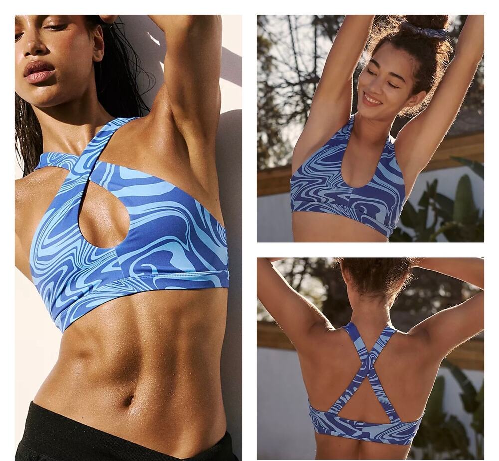 NEW Beach Riot x Free People Halter Wrap Neck Blue Swirl Aly Active Top Size XS